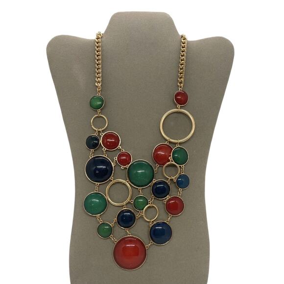 Fabulous Fashion 15” Gold Chain Necklace & Earrings Red Green Blue Disc Bib USA - Picture 14 of 16